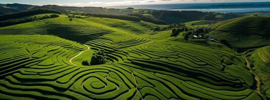 Aerial view of green tea plantation in the morning. Nature background. . Generative AI photo