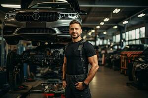 selective focus of handsome auto mechanic in uniform repairing car in auto repair shop. Generative AI photo