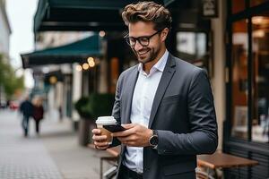 Handsome businessman using smartphone and holding coffee cup while in the city. Generative AI photo