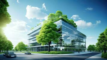 Modern office building with green leaves. Bottom view of modern office building with green leaves. Generative AI photo