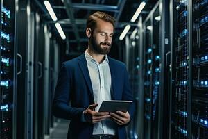 Handsome young businessman using digital tablet while standing in server room.  Generative AI photo