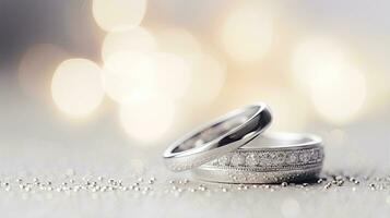 Wedding rings on a white background with sparkles and stars.  Generative AI photo