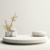Minimalistic white stone podium stage for product presentation. Empty space for display photo