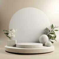 Minimalistic white stone podium stage for product presentation. Empty space for display photo