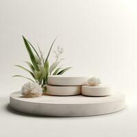 Minimalistic white stone podium stage for product presentation. Empty space for display photo