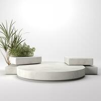Minimalistic white stone podium stage for product presentation. Empty space for display photo