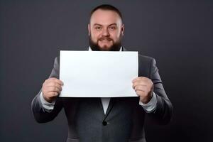 a plussize business manager or ceo  in a suit holding up a blank paper. ai generative photo