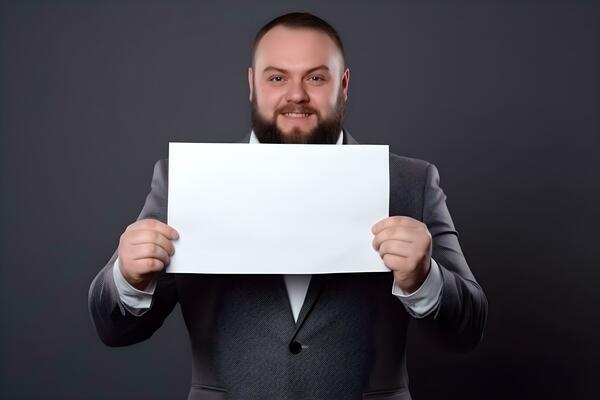 Pretty man holding empty white paper poster. Big billboard in hands of  handsome student. Studio portrait of person who keep blank board. Mockup  Stock Photo