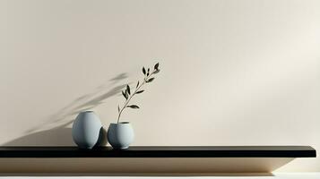 two vases on a shelf with a plant in the shadow. ai generative photo