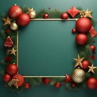 christmas frame with red and gold decorations on a green background. generative ai photo