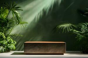 a wooden podium sitting in front of a green wall. ai generative photo
