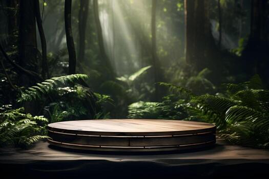 an empty wooden podium with a forest backdrop. ai generative photo