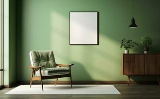 Poster frame mockup in dark green living room interior, 3d render. ai generative photo