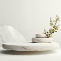 Minimalistic white stone podium stage for product presentation. Empty space for display photo