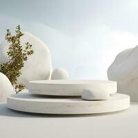 Minimalistic white stone podium stage for product presentation. Empty space for display photo