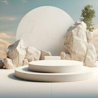 Minimalistic white stone podium stage for product presentation. Empty space for display photo