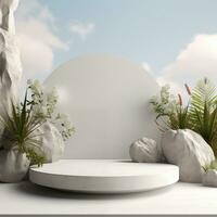 Minimalistic white stone podium stage for product presentation. Empty space for display photo