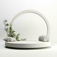 Minimalistic white stone podium stage for product presentation. Empty space for display photo