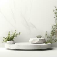 Minimalistic white stone podium stage for product presentation. Empty space for display photo