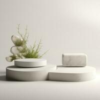 Minimalistic white stone podium stage for product presentation. Empty space for display photo