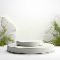 Minimalistic white stone podium stage for product presentation. Empty space for display photo