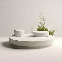 Minimalistic white stone podium stage for product presentation. Empty space for display photo
