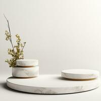 Minimalistic white stone podium stage for product presentation. Empty space for display photo