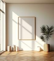 Frame mockup in minimalist decorated interior background, 3d render. ai generative photo