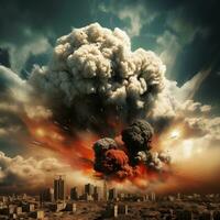 Image of bomb explosion, destruction, war. Poster on topic of Palestinian-Israeli conflict. Created by AI photo