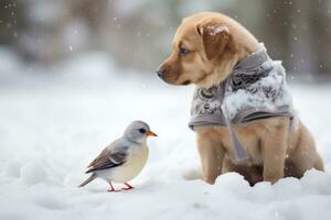 ai generado perrito y pájaro amigos en frío clima sentado en nieve en Nevado bosque. un pequeño perro y un pajarito vestido en calentar ropa jugar en el invierno estación. foto
