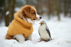 ai generado perrito y pájaro amigos en frío clima sentado en nieve en Nevado bosque. un pequeño perro y un pajarito vestido en calentar ropa jugar en el invierno estación. foto