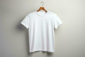 Ai generated white men's t-shirt mockup template hanging on a hanger on a light neutral background suitable for designers and print shopes. photo