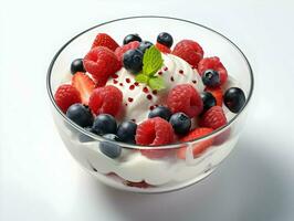 Isolated view of yogurt in a glass box. High-resolution. AI Generative photo