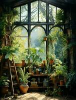antiguo ventana con plantas y flores alto calidad. ai generativo foto