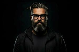 Photo of man with beard on dark background minimalism. High quality. AI Generative