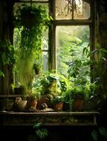 antiguo ventana con plantas. alta resolución. ai generativo foto