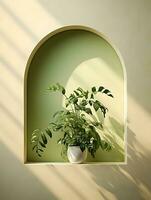 Arch with plant minimalism on the light wall. High quality. AI Generative photo