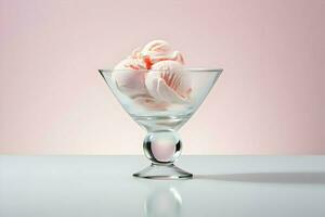 Pink ice cream in a glass bowl on the table minimalism style. High-resolution. AI Generative photo