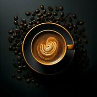 Top view of coffee on the dark background with coffee beans minimalism. High-resolution. AI Generative photo