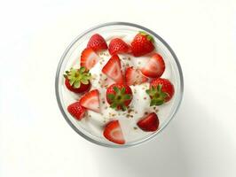 Isolated view of yogurt with ice in a glass with strawberries. High quality. AI Generative photo