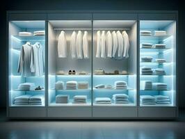 Close-up cinematic shot of the open white minimalistic wardrobe. High quality. AI Generative photo