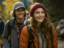 joven sonriente mujer y hombre excursionismo en un sereno otoño bosque. alto calidad. ai generativo foto