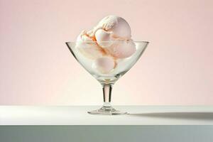 hielo crema en un vaso cuenco en el mesa en minimalismo estilo en rosado colores. alta resolución. ai generativo foto