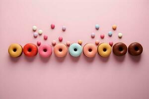 Photo of donats lined up in a row on pink background minimalism. High quality. AI Generative