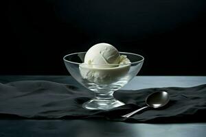 hielo crema en un vaso cuenco en el mesa minimalismo en un oscuro antecedentes. alto calidad. ai generativo foto