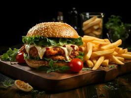 Chicken burger with cheddar served with french fries. High-resolution. AI Generative photo