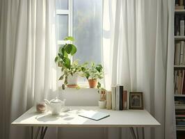 White room window next to the white table with white curtains. High quality. AI Generative photo