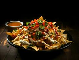 Nachos in bowl near sauce. High-resolution. AI Generative photo