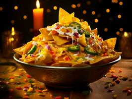 Nachos in a bowl near sauce on dark background. High-resolution. AI Generative photo