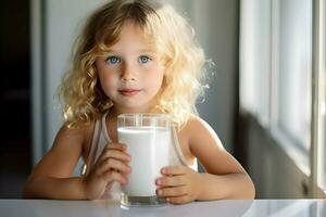 un linda rubia niño con azul ojos y un vaso de leche. alto calidad. ai generativo foto